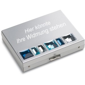 Schminkset mit Spiegel Alu - mit sechs blauen Steinen besetzt - mit Gravur
