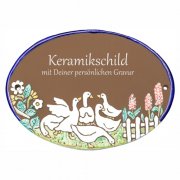 Keramikschild 23,5cm x 17,5cm - Sechs G�nse auf Wiese mit Blumen - mit Gravur
