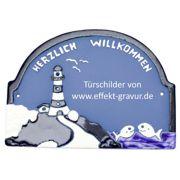 Keramikschild 24cm x 17cm - Leuchtturm mit "Herzlich Willkommen" - mit Gravur