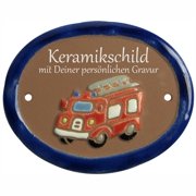 Keramikschild - Feuerwehrauto mit Gravur | Effekt Gravu