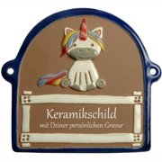 Keramikschild - Einhorn - blauer Rand | Effekt Gravur