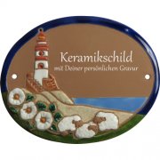 Keramikschild - Drei Schafe vor Leuchtturm mit Gravur |
