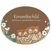 Keramikschild - Zwei Eulen mit Nest und Bl�ten mit Grav
