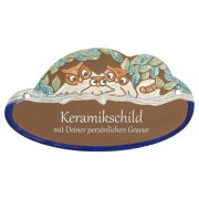 Keramikschild - Eulenkind zwischen Euleneltern mit Grav