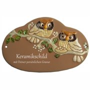 Keramikschild - Nest und zwei Eulen auf Ast mit Gravur 