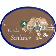Keramikschild - Bauernhaus mit V�geln und K�ken mit Gra