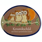 Keramikschild - Drei Eulen auf Ast mit Mond mit Gravur 