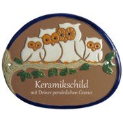 Keramikschild - Vier wei�e Eulen auf Ast mit Gravur | E