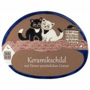 Keramikschild - Zwei Katzen auf rotem Dach mit Gravur |