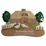 Keramikschild - Drei G�nse vor einem Haus mit Gravur | 