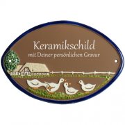Keramikschild - Vier G�nse vor Bauernhof mit Gravur | E