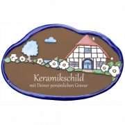 Keramikschild - Fachwerkhaus mit Baum und Blumen mit Gr