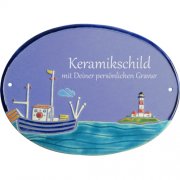 Keramikschild - Fischkutter und Leuchtturm mit Gravur |