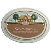 Keramikschild - Haus mit Gartentor und Mauer mit Gravur