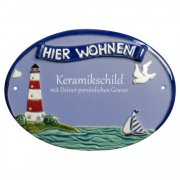 Keramikschild - Leuchtturm mit HIER WOHNEN mit Gravur |