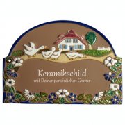 Keramikschild - Vier G�nse vor Haus mit Gravur | Effekt