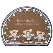 Keramikschild - Drei Teddyb�ren in Latzhosen mit Gravur