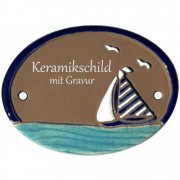 Keramikschild - Segelboot auf Wasser mit M�wen mit Grav