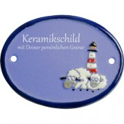 Keramikschild - Zwei Schafe vor Leuchtturm mit Gravur |