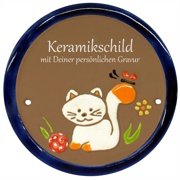 Keramikschild - Katze mit Ball mit Gravur | Effekt Grav