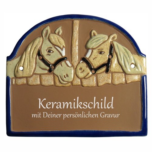 Keramik Schild 15,5 x 14,0 cm mit Gravur Zwei Pferde in ihren Boxen TUE042
