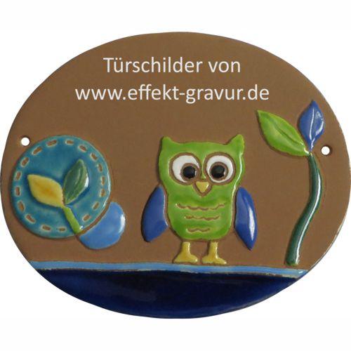 TUE122 "Grüne Eule" Keramik Schild 14,5 x 12,0 cm mit Gravur 