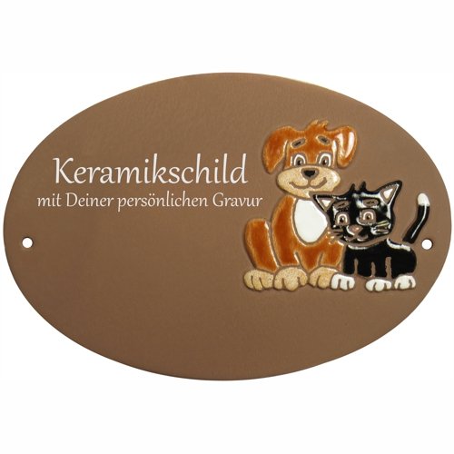 TUE009 Zwei Katzen auf rotem Dach Keramik Schild 19,0 x 15,0 cm mit Gravur 