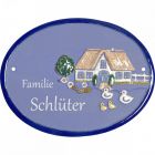 Keramikschild 19,0 x 14,5 cm Bauernhaus mit V�geln und K�ken hellblau