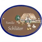 Keramikschild 19,0 x 14,5 cm Bauernhaus mit V�geln und K�ken braun