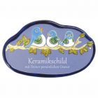 Keramikschild 22,0 x 14,0 cm Drei V�gelchen auf Ast hellblau