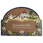 Keramikschild 23,5 x 17,0 cm Vier G�nse vor Haus mit Blumenumrandung braun