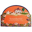 Keramikschild 23,5 x 17,0 cm Vier G�nse vor Haus mit Blumenumrandung terracotta