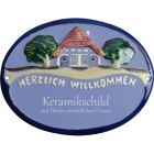 Keramikschild 19,0 x 14,5 cm Haus Herzlich Willkommen hellblau