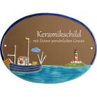Keramikschild 23,5 x 17,0 cm Fischkutter und Leuchtturm braun