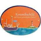 Keramikschild 23,5 x 17,0 cm Fischkutter und Leuchtturm terracotta