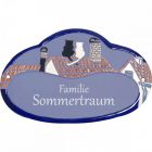 Keramikschild 19,0 x 12,0 cm Zwei Katzen auf Dachfirst hellblau