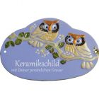 Keramikschild 19,0 x 12,0 cm Nest und zwei Eulen auf Ast hellblau