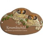 Keramikschild 19,0 x 12,0 cm Nest und zwei Eulen auf Ast braun