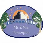 Keramikschild 19,0 x 15,0 cm Zwei Katzen vor Nachthimmel hellblau