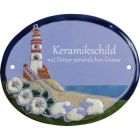 Keramikschild 14,5 x 12,0 cm Drei Schafe vor Leuchtturm hellblau