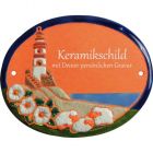 Keramikschild 14,5 x 12,0 cm Drei Schafe vor Leuchtturm terracotta