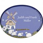 Keramikschild 16,0 x 12,5 cm Windm�hle und vier Schafe hellblau