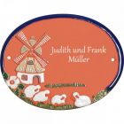 Keramikschild 16,0 x 12,5 cm Windm�hle und vier Schafe terracotta