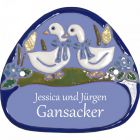 Keramikschild 12,5 x 11,5 cm Zwei G�nse auf der Wiese hellblau