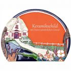Keramikschild 28,5 x 22,5 cm Haus neben Teich mit Schilf terracotta