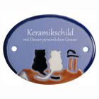 Keramikschild 8,5 x 6,5 cm Zwei Katzen auf dem Dach hellblau