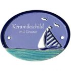 Keramikschild 9,5 x 7,0 cm Segelboot auf Wasser mit M�wen hellblau
