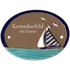 Keramikschild 9,5 x 7,0 cm Segelboot auf Wasser mit M�wen braun