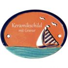 Keramikschild 9,5 x 7,0 cm Segelboot auf Wasser mit M�wen terracotta
