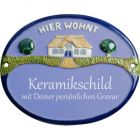 Keramikschild 16,0 x 12,5 cm Haus auf Wiese hellblau